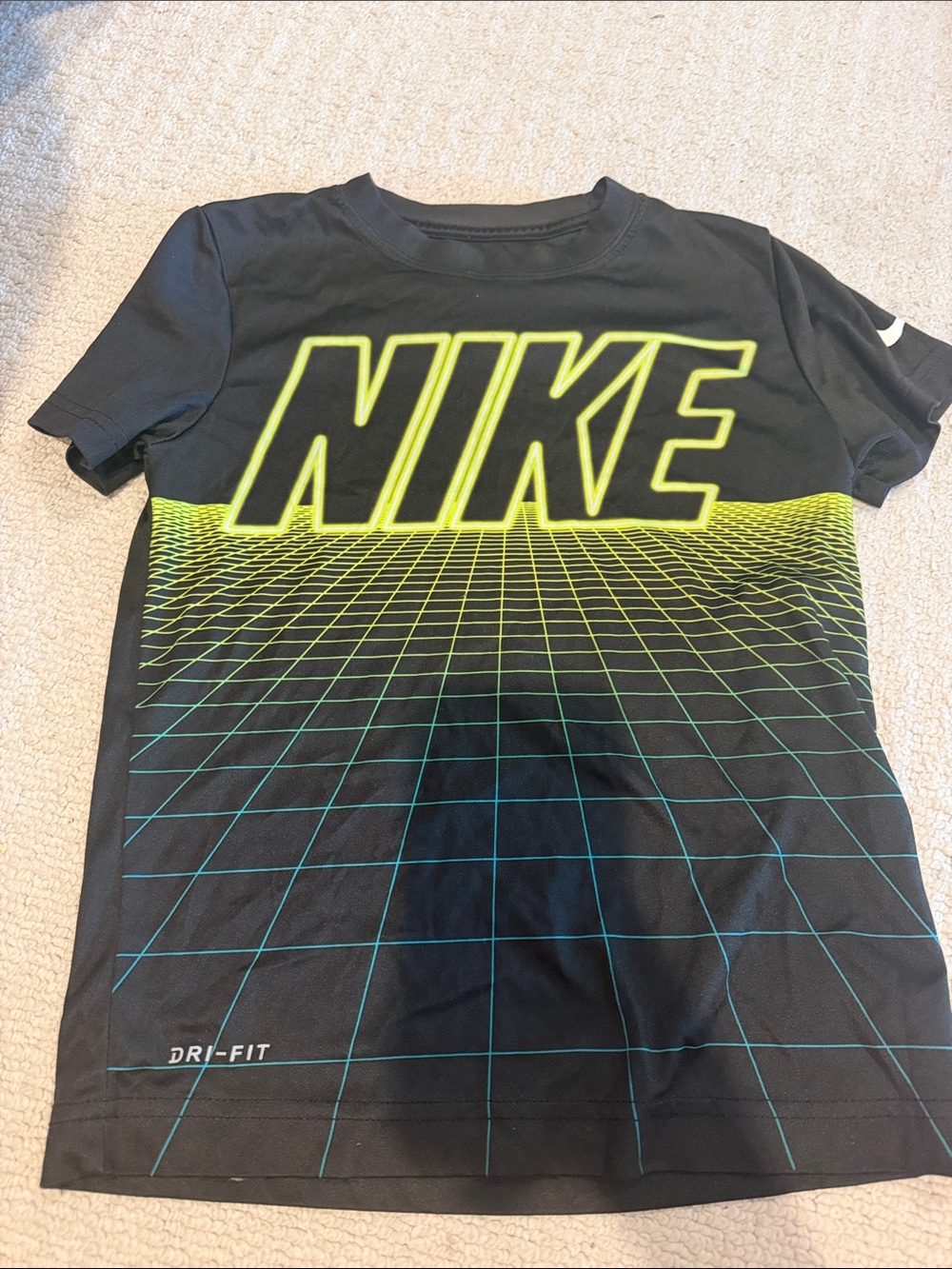 Nike Black boys Short Sleeve Graphic Dri-FIT Tee with Neon Yellow and Teal Grid